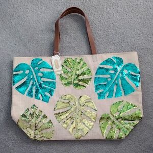 Mud Pie Burlap Sequin Tote Bag